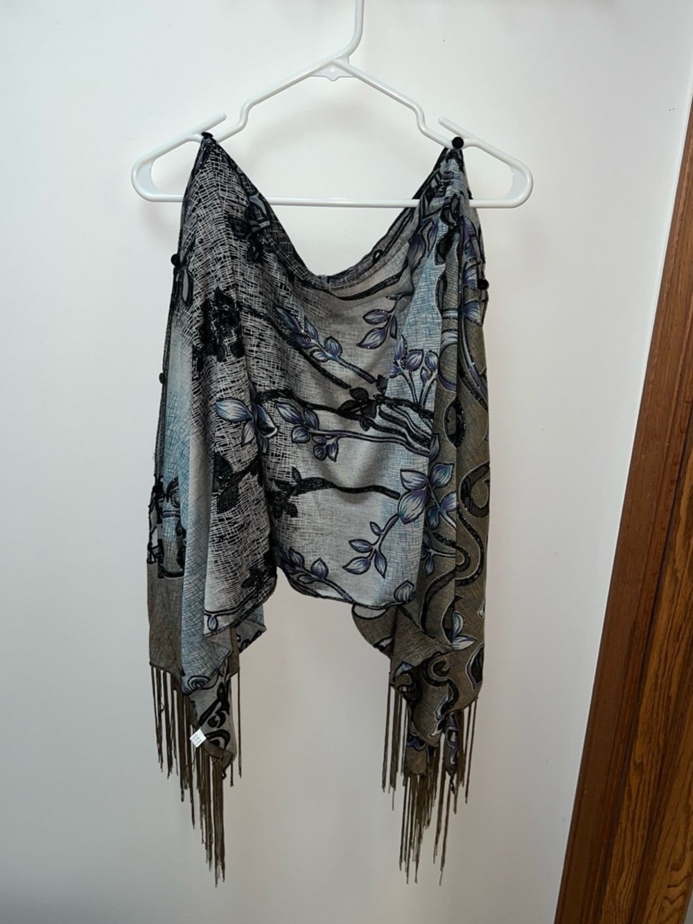 Floral Fringe Poncho Shawl Wrap Black Blue Gray